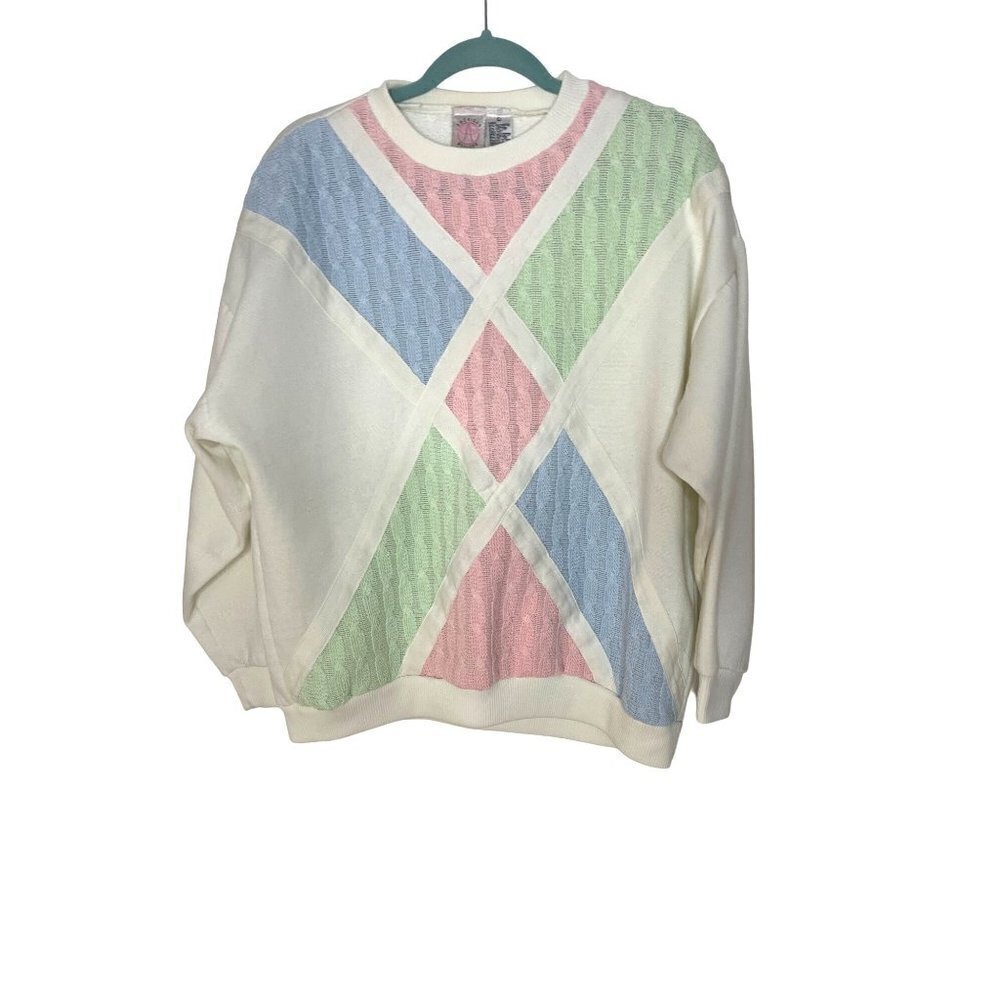 American Weekend Vintage Womens Sweatshirt Size Large Mixed Knit Pastel Fleece